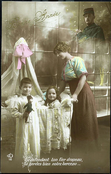 Patriotic greeting card showing a woman and her two children playing with patriotic dolls thinking of the absent on the front ' By defending our proud flag you keep our cradle well', 1916