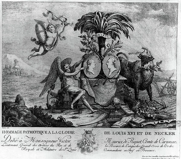 Patriotic tribute to the glory of Louis XVI and Necker: dedicated to Victor Maurice de Riquet (1727-1807) Comte de Caraman. Representation of various allegories including peace, abundance, justice. Engraving of the 19th century