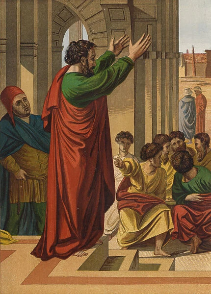 Paul preaching in Athens (colour litho)