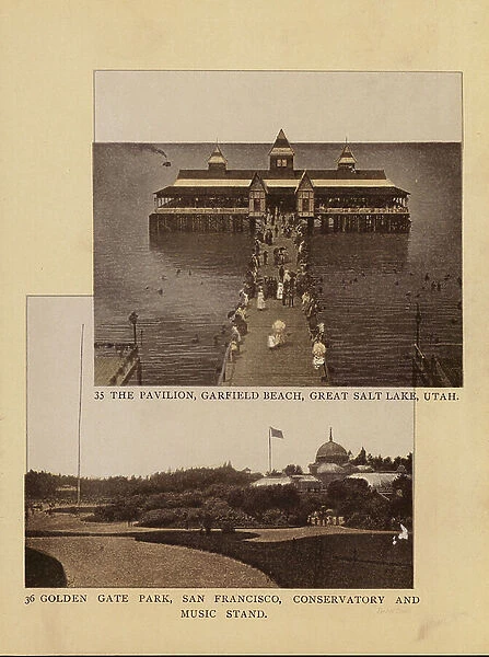 The Pavilion, Garfield Beach, Great Salt Lake, Utah; Golden Gate Park, San Francisco, Conservatory and Music Stand (b / w photo)