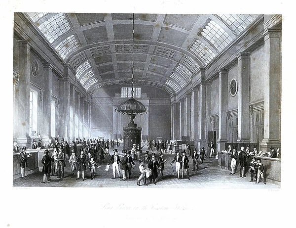 Payment of customs in the Long Room at Custom House. Built in 1813 by the architect David Laing, it collapsed in 1825. Steel engraving by Henry Melville after an illustration by Thomas Hosmer Shepherd from London Interiors