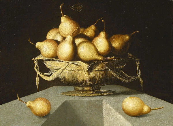 Pears in a Bowl on a Stone Plinth (oil on canvas)