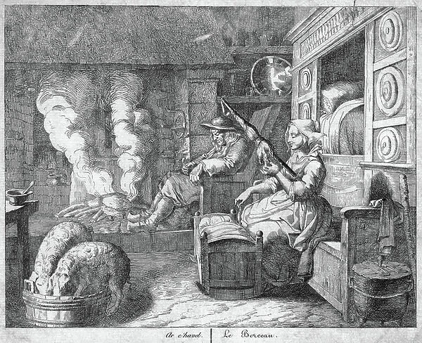 Peasant cottage interior. 17th century (engraving)