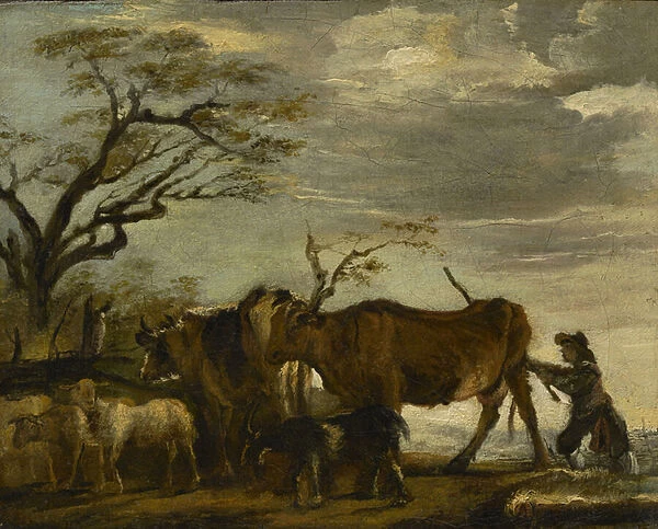 A Peasant Driving Cattle, Sheep and Goats in a Landscape, c. 1785 (oil on canvas)