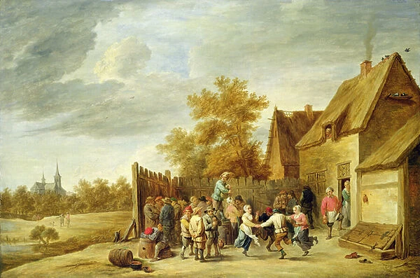 Peasants Dancing Outside an Inn (oil on canvas)
