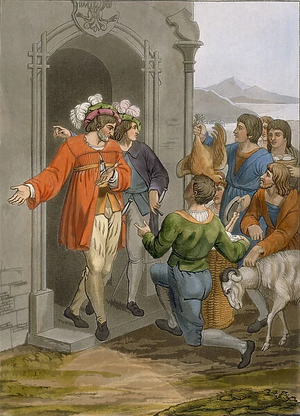 Peasants giving tithes, Alpine region, c. 1800-18 (coloured engraving)