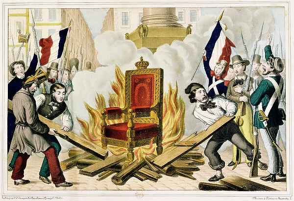 The People Burning the Throne at the Place de la Bastille, 1848 (colour litho)