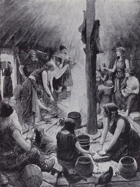 People in the interior of a hut at Glastonbury (litho)