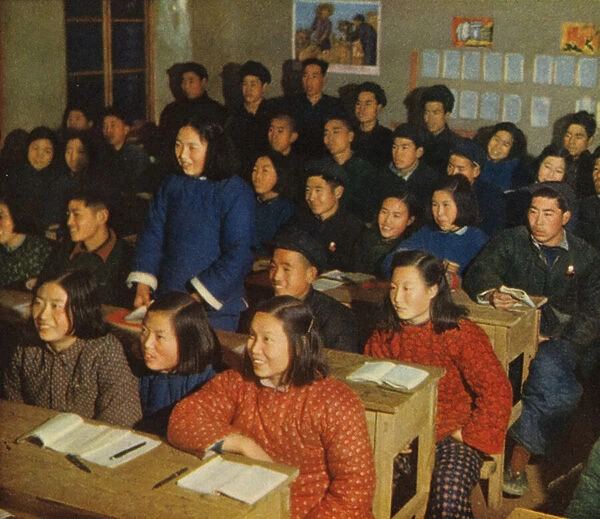 Peoples school in Communist China, 1954 (colour photo)