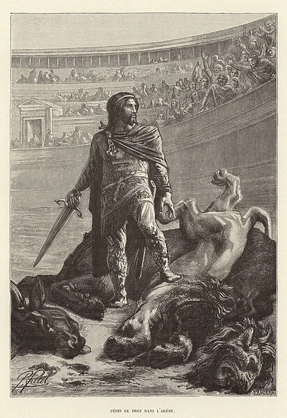 Pepin le Bref dans l arene. Pepin the Short in the arena after killing a lion and a bull (engraving)