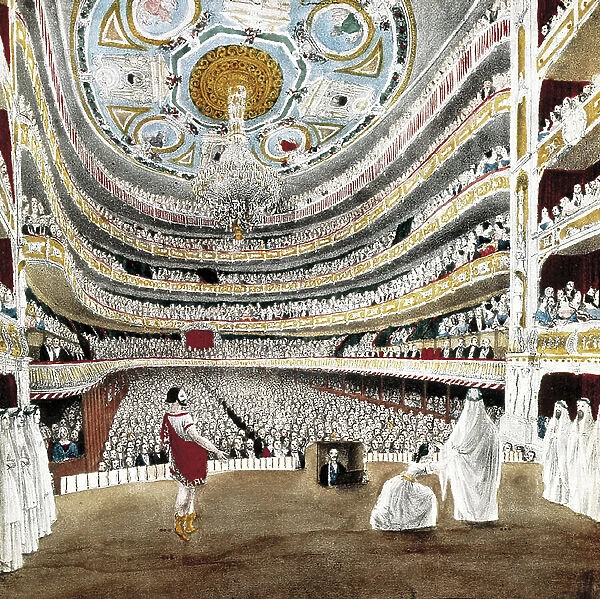 Performance of the opera Norma by Vincenzo Bellini, 1847, in the Fran Teatre del Liceu, Barcelona (colour lithograph)