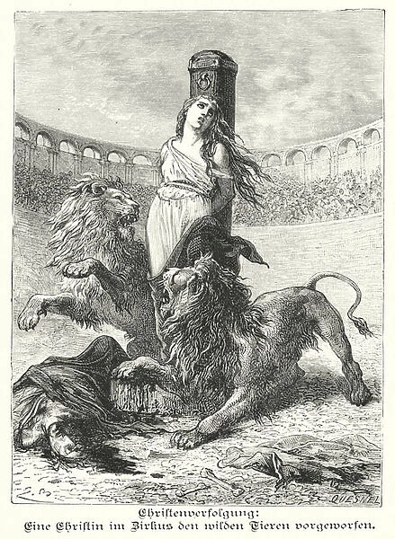 Persecution of Christians in ancient Rome: Christian woman thrown to the lions in the arena (engraving)