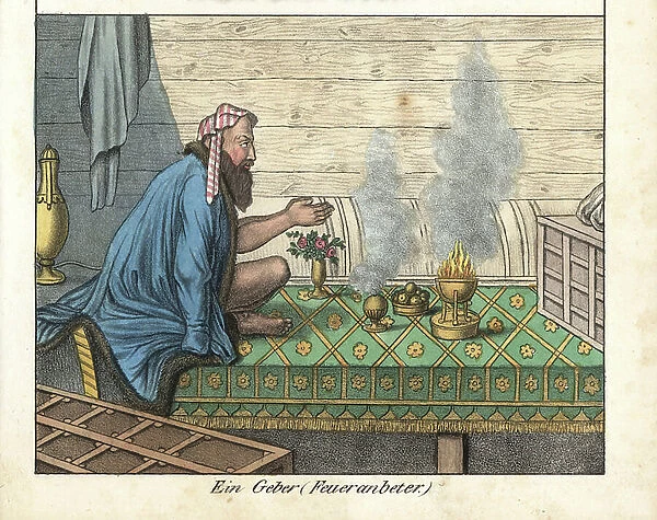 Persian costumes: a fire worshiper (zoroastrism). Lithography for the book: ' Galerie complete en tableaux fideles des peuples d'Asie' by Friedrich Wilhelm Goedsche (1785-1863), edition Meissen (Germany), 1835-1840