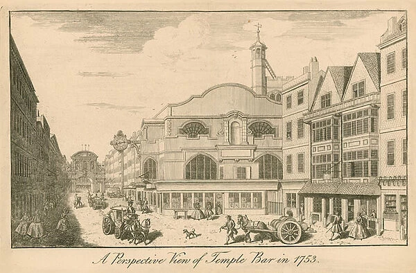 A perspective view of Temple Bar, London, in 1753 (engraving)