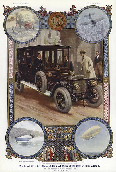 The petrol era: five phases of the great power of the reign of King George V (colour litho)
