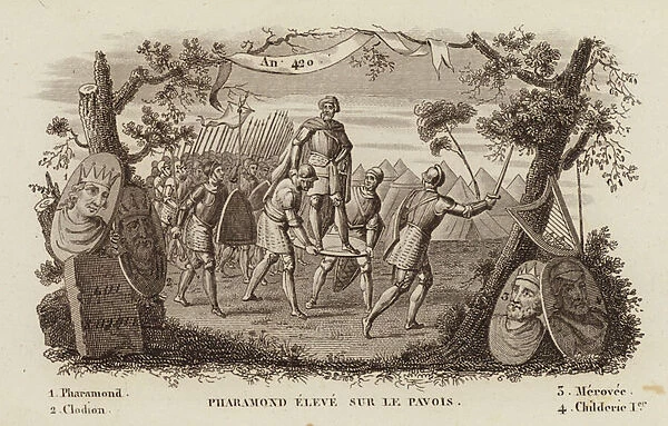 Pharamond I, King of the Franks, raised up on a shield, 420 (engraving)