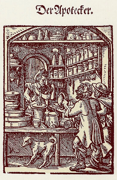 A pharmacist (apothecary), Engraving by Jost Amman (1539-1591) 16th century