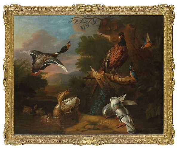 A pheasant, pigeons, ducklings, and kingfishers with a mallard taking flight at a wooded pool, a landscape beyond (oil on canvas)
