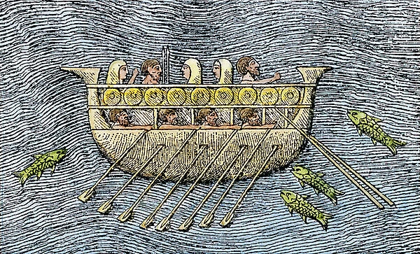 Phenician trade gallery with two rows of rowers (antique Bireme)