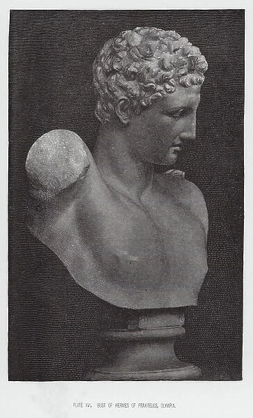 Phidias or Pheidias: Bust of Hermes of Praxiteles, Olympia (engraving)