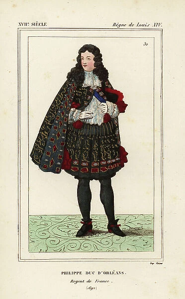 Philip II, Duke of Orleans, 1674-1723. Philippe Duke of Orleans, Regent of France. Handcoloured lithograph by Breton after a 1692 portrait in Roger de Gaignieres gallery portfolio X 56 from Le Bibliophile Jacob aka Paul Lacroix's Costumes