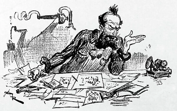 Philox Lorris in his laboratory dictating notes on his phonograph, 1850