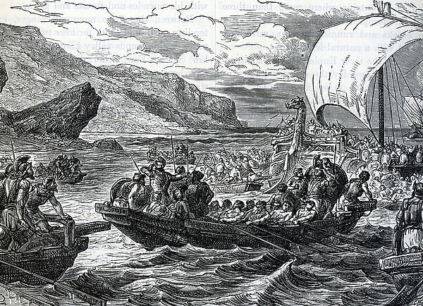 Phoenician fleets in the mediterranean sea Engraving from 'History of the world' by Ridpath 1885 Private collection