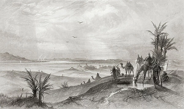Pi Hahiroth and the Red Sea, where the Israelites camped during their exodus from Egypt. Pi Hahiroth is known as the fourth station of the Exodus. From The Imperial Bible Dictionary, published 1889