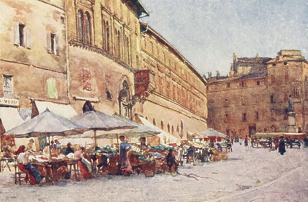 Piazza del Mercato, Perugia (colour litho)
