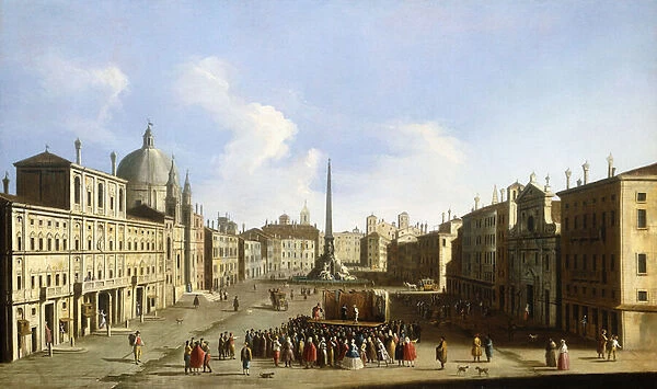 The Piazza Navona, Rome, with a Commedia dell Arte Performance, (oil on canvas)