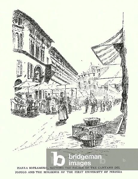 Piazza Sopramuro, showing the Palace of the Capitano del Popolo and the buildings of the first University of Perugia (engraving)