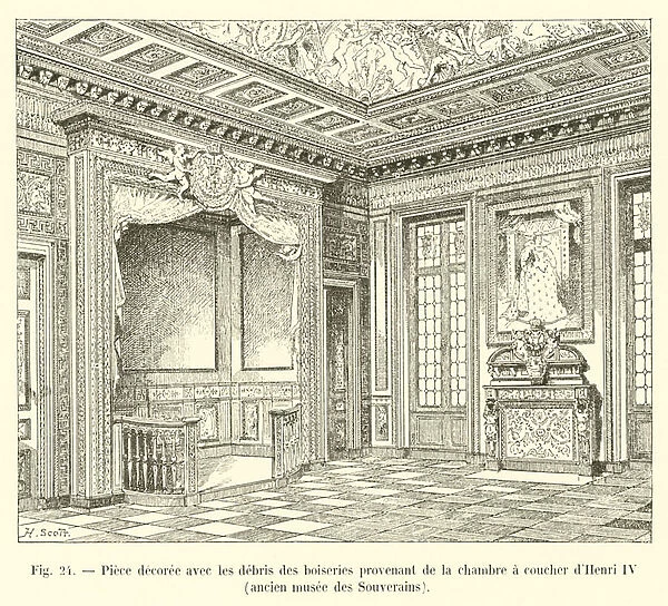 Piece decoree avec les debris des boiseries provenant de la chambre a coucher d Henri IV, ancien musee des Souverains (engraving)