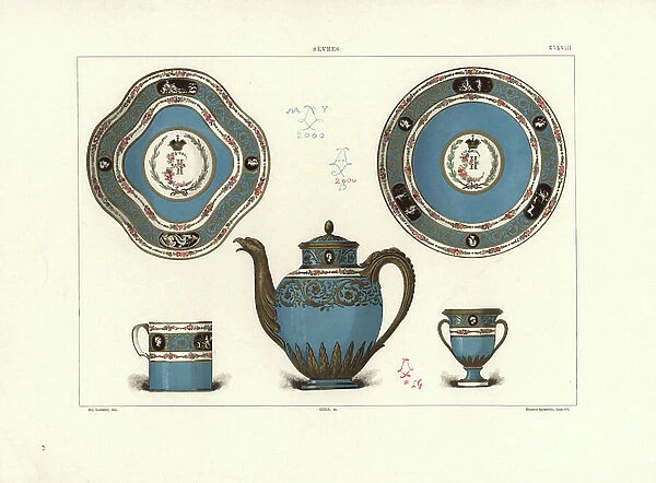 Five pieces (cup, plates, sugar bowl, teapot) from a porcelain service with flowers by Barre and Taillandier, gilt by Vincent and Le Guay, made for the Empress of Russia, 1778