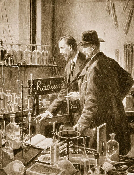 Pierre Curie chatting with Sir William Ramsay (litho)