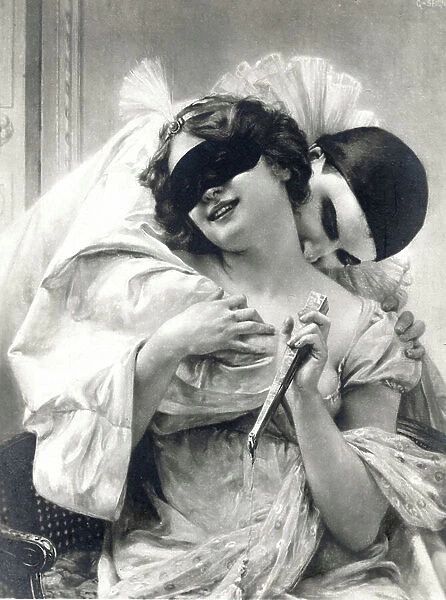 Pierrot's kiss. Pierrot kisses Colombine, masked. Painting by Guillaume Seignac, 1895
