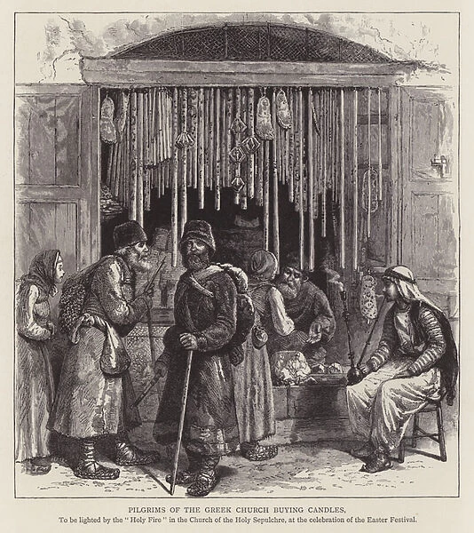 Pilgrims of the Greek church buying candles (engraving)