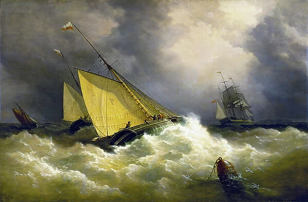 A pilot cutter (fast sailboat) racing a ship, the first of the sailboats to reach it will be able to board and receive the prize for its race