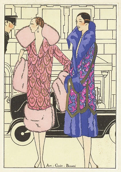 Pink blade evening coat with pink fox fur trim, and evening coat in blue velvet - Lithograph with stencil handcolour from the luxury French fashion magazine ' Art, Gout, Beaute, ' 1926