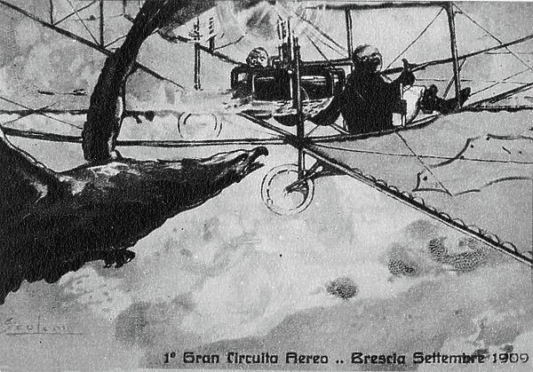 Pioneers of Italian aviation: An illustrated postcard of the painter Scolari. issued on the occasion of the Brescia air circuit. and illustrating an aircraft. which in speed competition surpasses an eagle. 1908