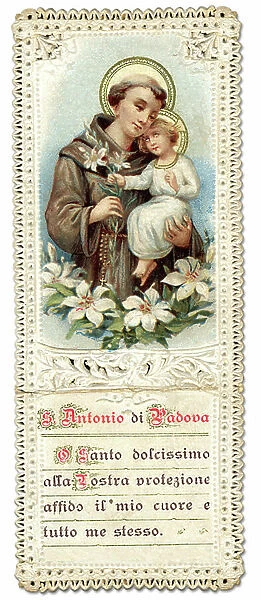 Pious Image: Saint Anthony of Padua (Sant'Antonio di Padova, 1445-1505) with the child Jesus in arms. Chromolithography around 1890