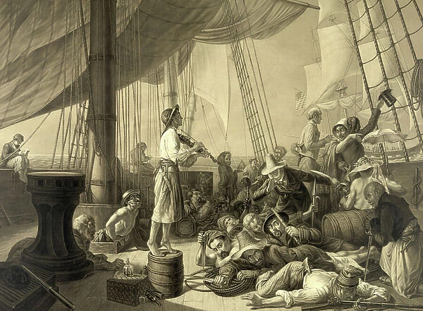 The pirates ruse luring a merchantman in the olden days, 1896 (b / w print) (black and white print)
