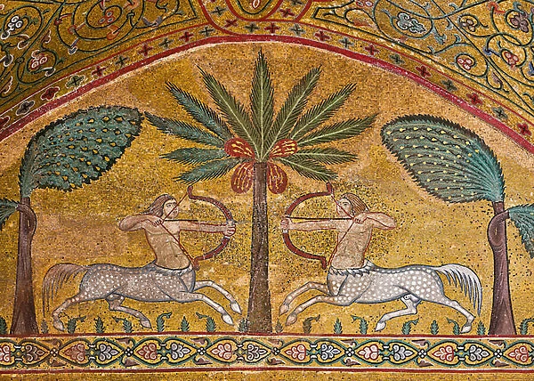 Pisana Tower, the King Roger Room, detail with centaurs and palm and banana trees (mosaic)