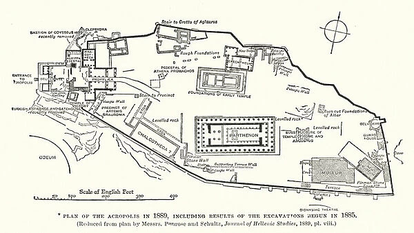 Plan of the Acropolis in 1889, including Results of the Excavations begun in 1885 (engraving)