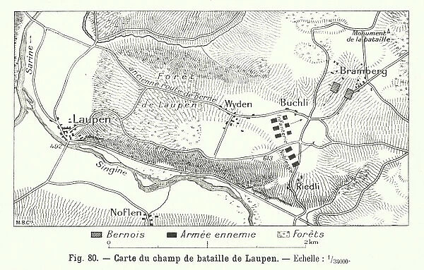 Plan of the Battle of Laupen, Switzerland, 1339 (engraving)