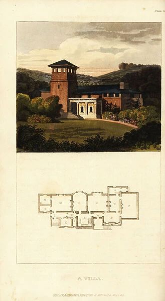 Plan and elevation of a Regency artists villa, 1817 (engraving)