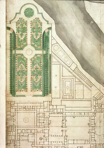 Plan of Hampton Court and its gardens, c. 1714 (pen & ink and w  /  c on paper)