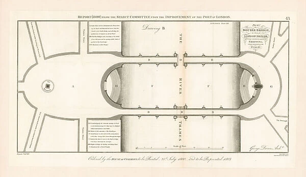Plan for London Bridge capable of letting ships through (engraving)