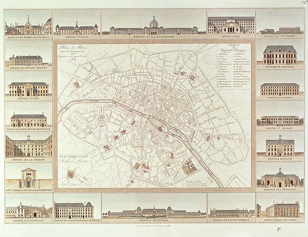Plan of Paris indicating civil hospitals and homes, 1818, published in 1820 (engraving)