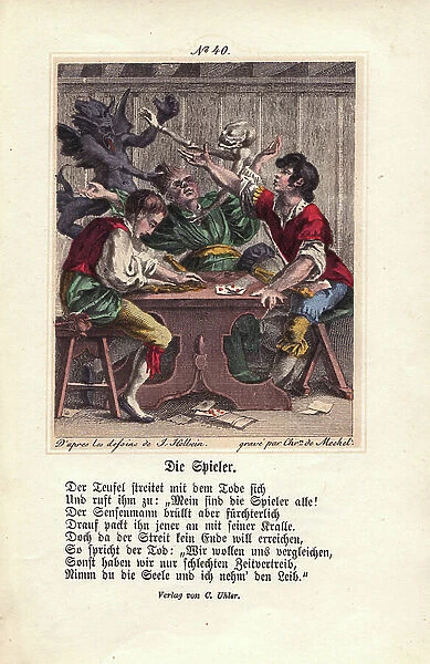 The players. Death and a black demon seem to fight on the player in green at the table. Death has his bone hand on the man's throat, while the Demon grabs his hair