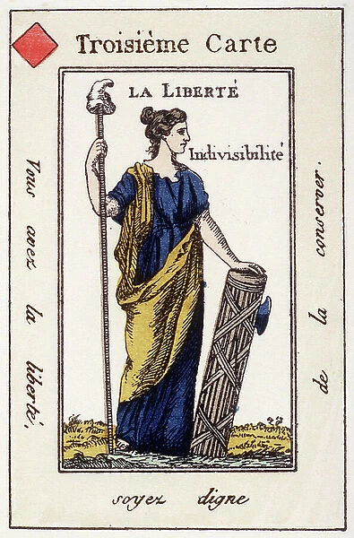 Playing Card: Liberty, Three Tile. French Revolution Card Game, Colorful Engraving 1790 - 1792